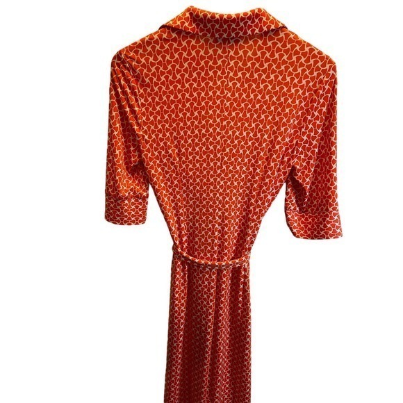 Laundry Orange Geometric Collared, V-Neck Button Down Dress, Tie & 3/4 Sleeves - Picture 5 of 8